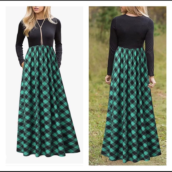 Plaid Long Sleeve Empire Waist Full Length Maxi Dress - Picture 2 of 5